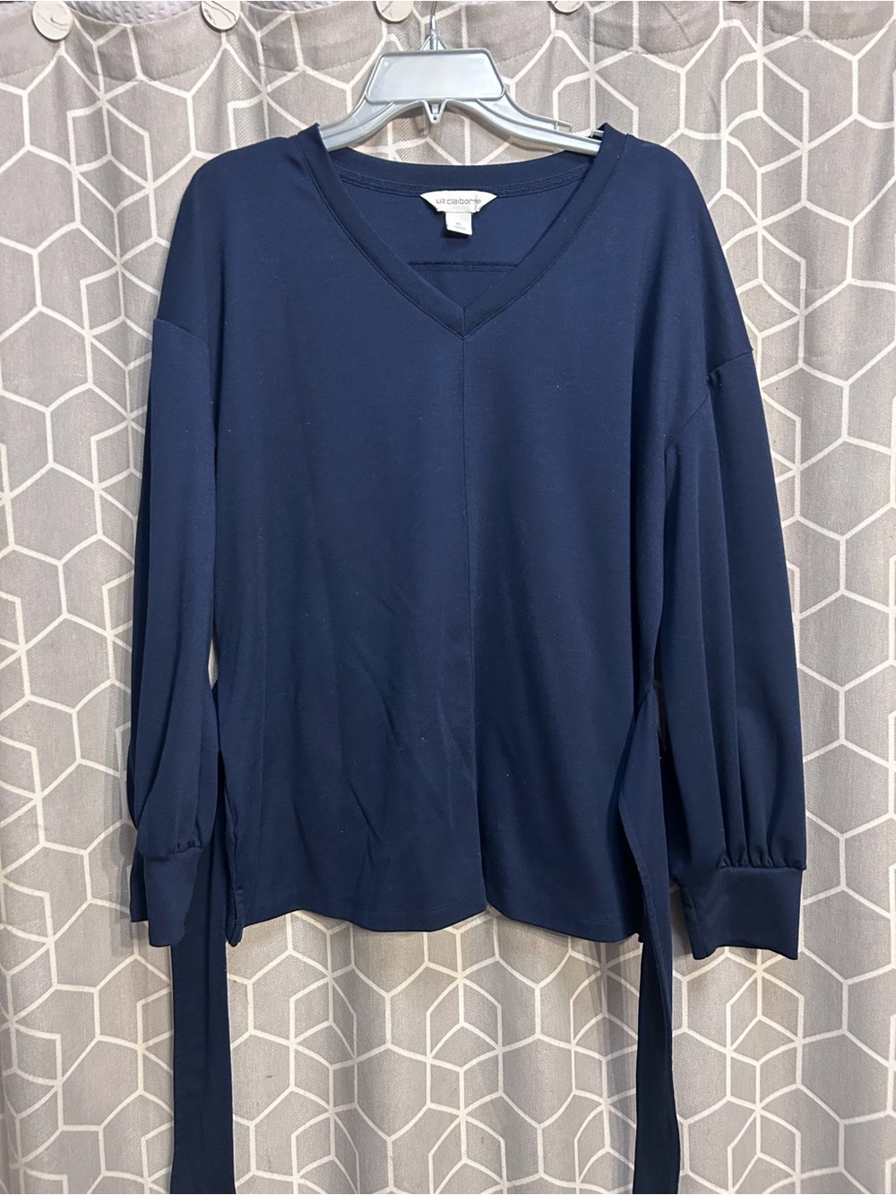 Liz Claiborne Navy V‑Neck Long Sleeve Top with Side Ties